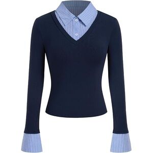 Cider Navy Sweater with Light Blue Striped Shirt Trim size S